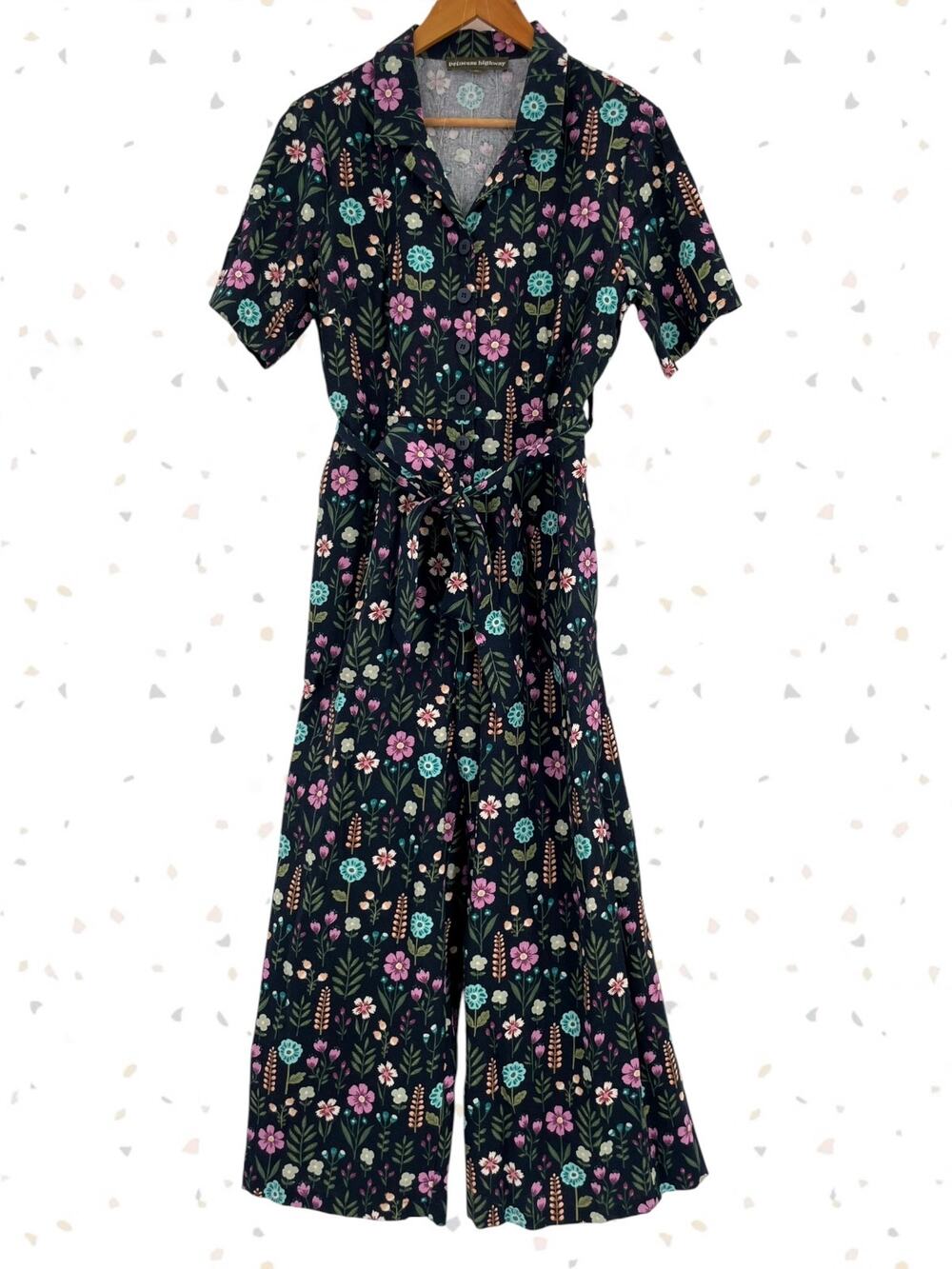 Princess Highway Jumpsuit Dark Floral Linen Cotton Cottage Boho Garden Size US 6